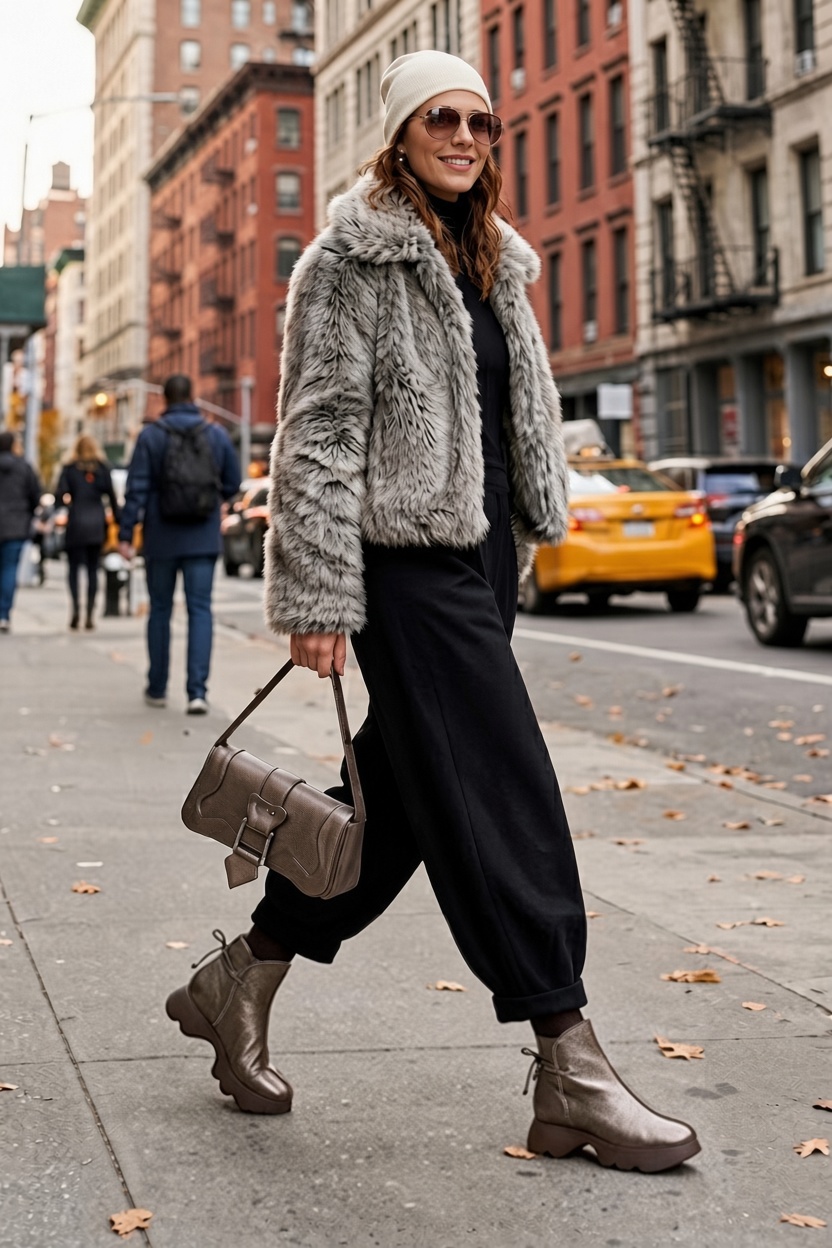 Women's bronze back lace-up ankle boots with round toe and chunky rubber sculpted sole - Worn view